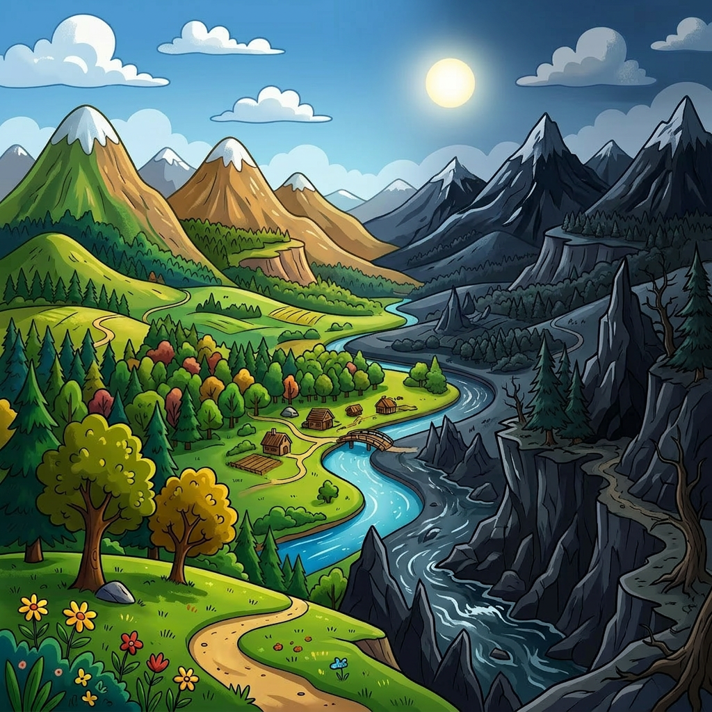 Village in a green valley with mountains, river, trees, and sunny sky.